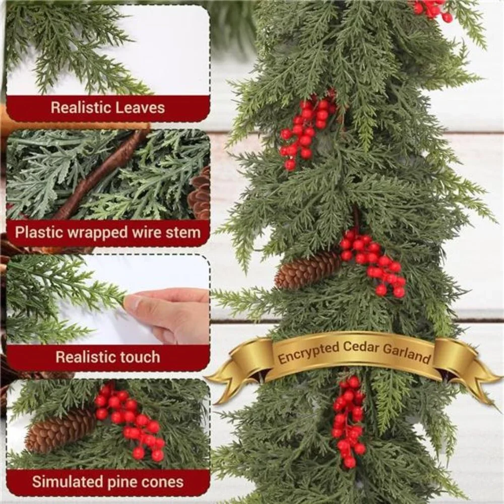 6ft Christmas Cedar Garland with Artificial Red Fruits and Pine Cones, Soft